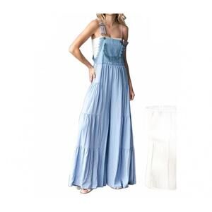 NEW VEVERET embroidered strap flowy jumpsuit in blue